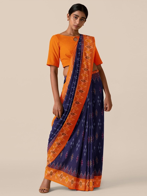 

Taneira Navy Blue & Orange Pure Cotton Pochampally Saree