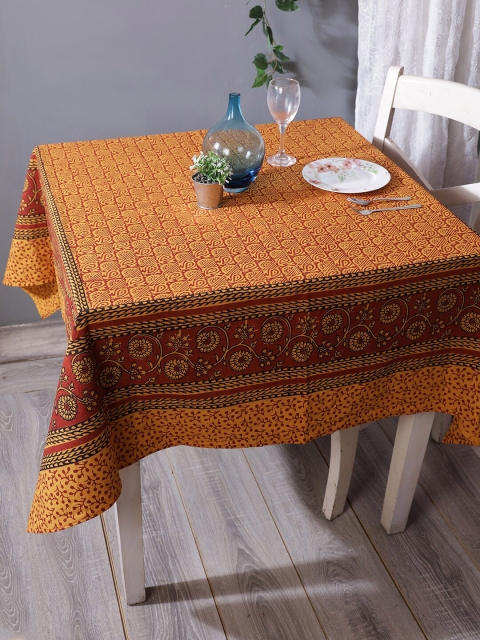 

RANGDESI Mustard Yellow & Red Bagh Handblock Printed Cotton 4-Seater Square Table Cover<p>