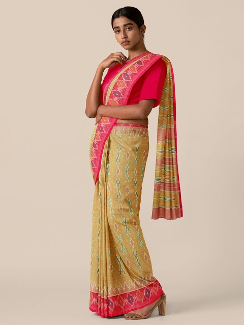 

Taneira Mustard & Pink Ethnic Motifs Pure Cotton Pochampally Saree