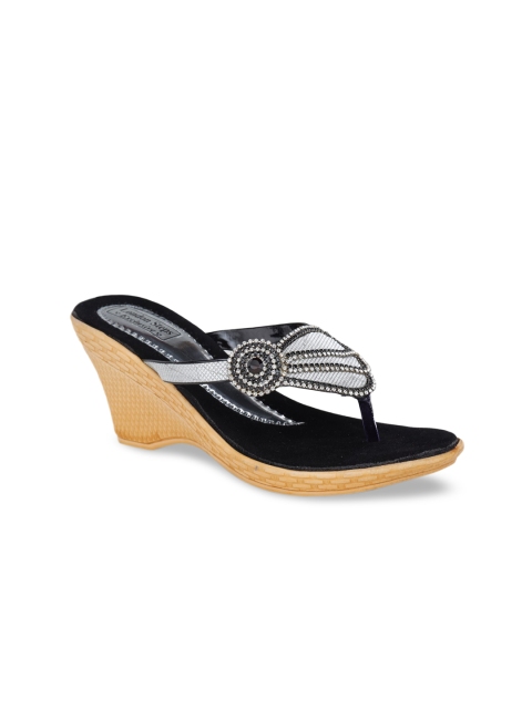 

LONDON STEPS Womans Black Embellished Wedge Mules