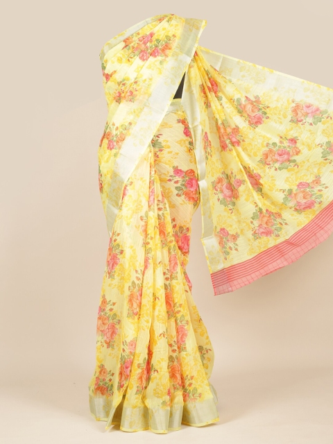 

Pothys Yellow & Pink Floral Jute Silk Saree