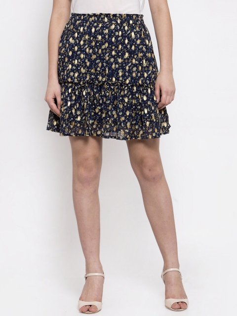 

Global Republic Women Navy Blue & Gold-Coloured Floral Printed Straight Mini Skirt