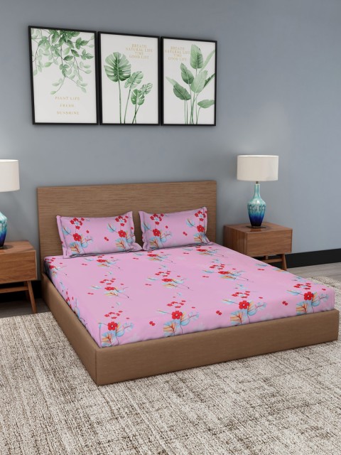 

NEUDIS Pink & Red Floral 180 TC King Bedsheet with 2 Pillow Covers