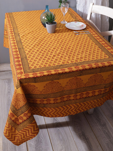 

RANGDESI Mustard Yellow & Red Bagh Hand-Block Printed Cotton 6-Seater Table Cover