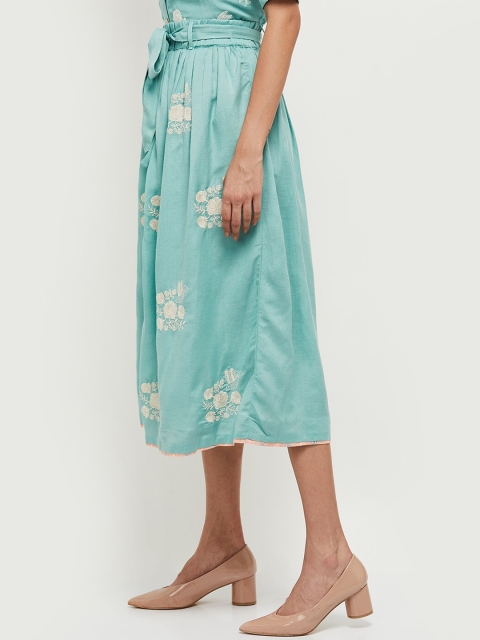 

max Women Turquoise Blue & White Floral Embroidered A-Line Midi Skirt