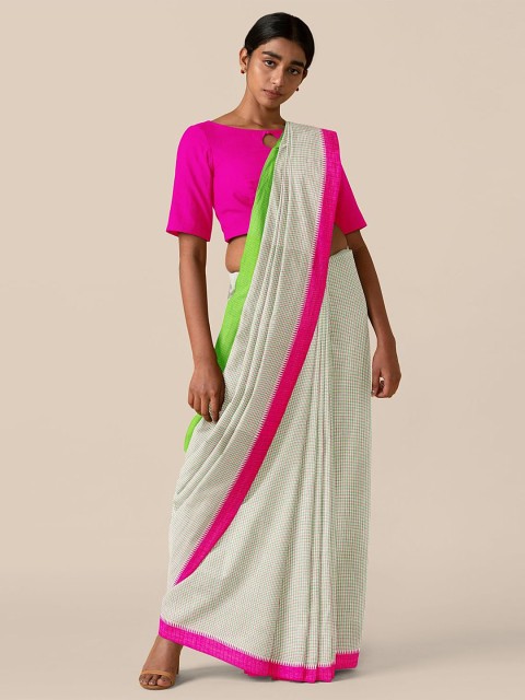 

Taneira Off White & Pink Checked Pure Cotton Saree