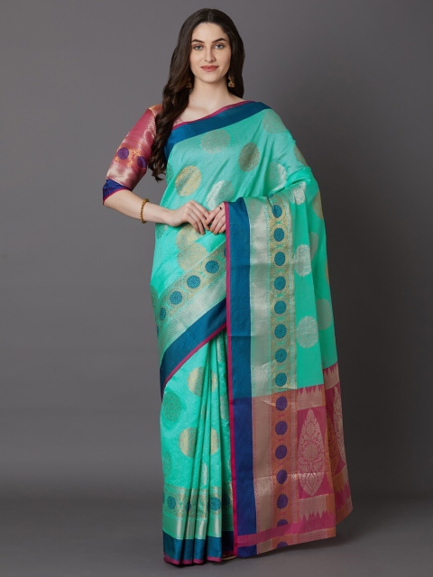 

Mitera Sea Green & Pink Woven Design Zari Silk Blend Banarasi Saree