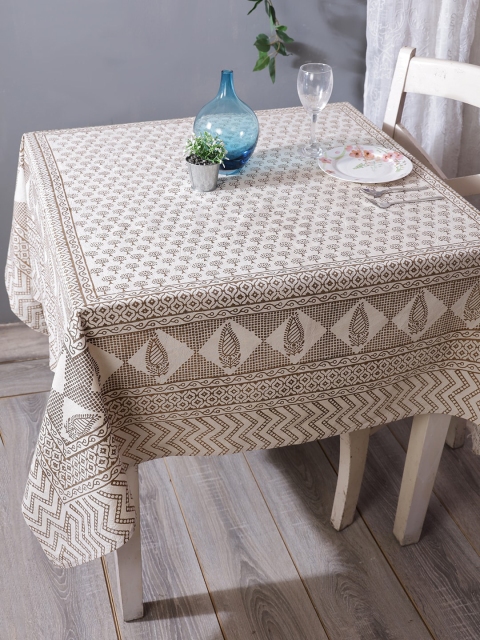 

RANGDESI White & Brown Bagh Hand-Block Printed Cotton 4-Seater Table Cover