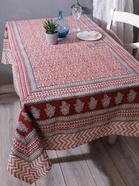 

RANGDESI White & Red Bagh Handblock Printed Cotton 6-SeaterTable Cover