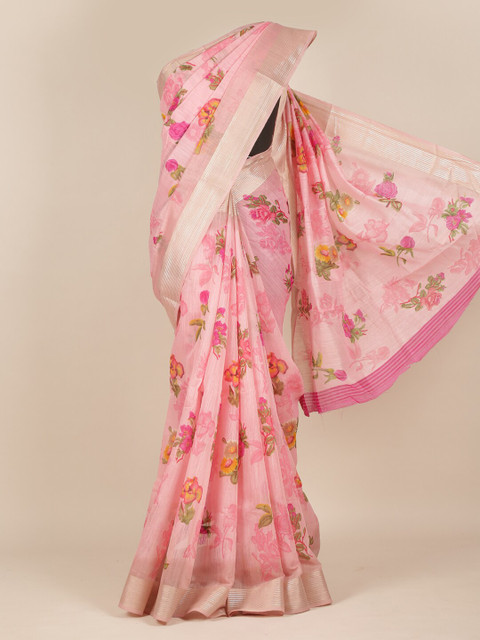 

Pothys Pink & Green Floral Zari Jute Silk Saree