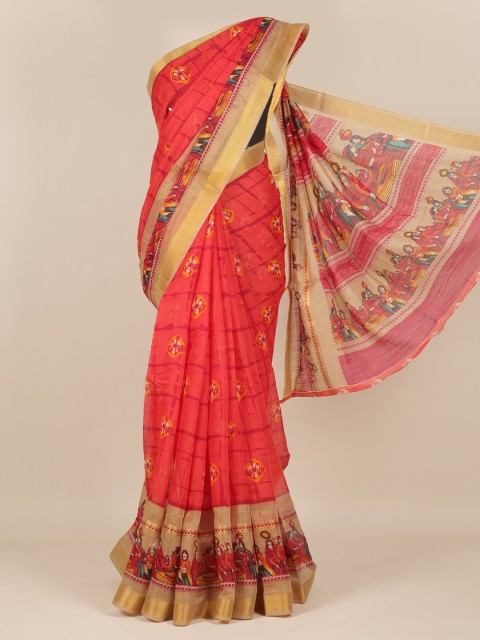 

Pothys Red & Yellow Ethnic Motifs Jute Silk Saree