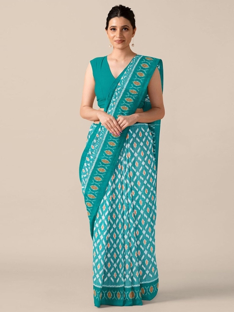 

Taneira Sea Green & White Ethnic Motifs Pure Cotton Pochampally Saree