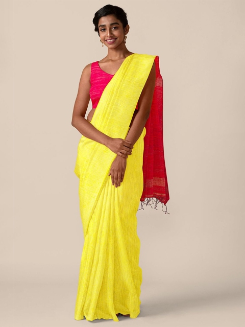 

Taneira Yellow & Red Colourblocked Pure Silk Saree