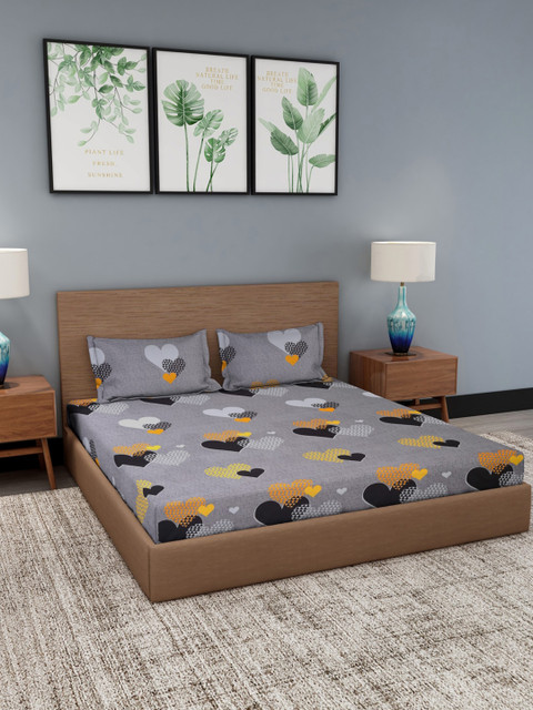 

NEUDIS Grey & Black Graphic 180 TC King Bedsheet with 2 Pillow Covers