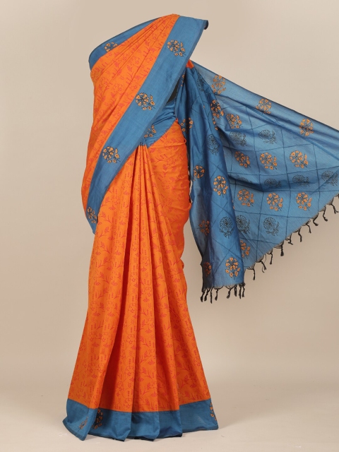 Pothys Orange & Blue Floral Saree