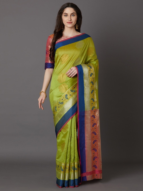 

Mitera Green & Navy Blue Woven Design Zari Silk Blend Banarasi Saree