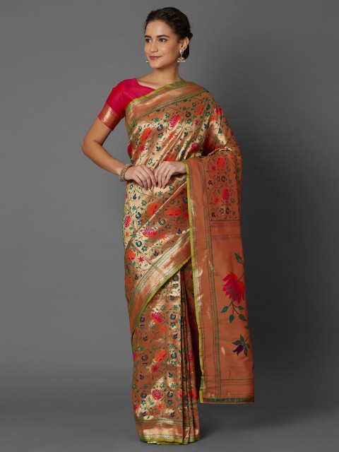 

Mitera Gold & Pink Floral Zari Silk Blend Banarasi Saree