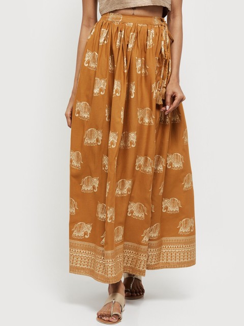 

max Women Mustard Yellow & Gold-Coloured Printed Flared Maxi Skirt