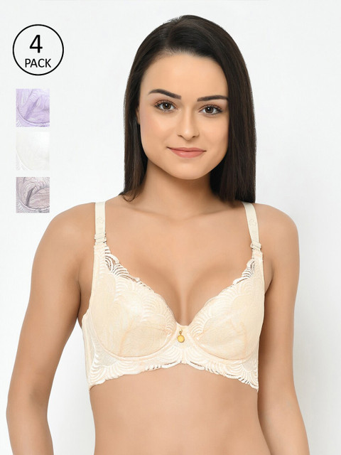 

Cosmo Lady Pack Of 4 Abstract Plunge Bras Full Coverage Underwired Lightly Padded, Peach