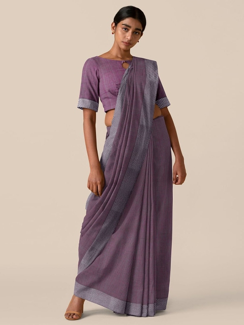 

Taneira Violet & Silver-Toned Checked Zari Pure Cotton Mangalagiri Saree