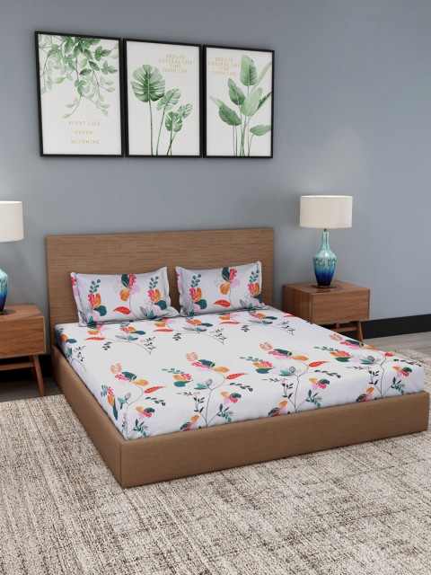 

NEUDIS White & Grey Floral 180 TC King Bedsheet with 2 Pillow Covers