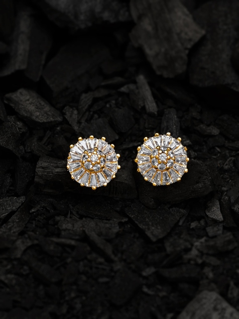 

aadita Gold & Silver-Toned Handcrafted American Diamond Studded Circular Studs Earrings