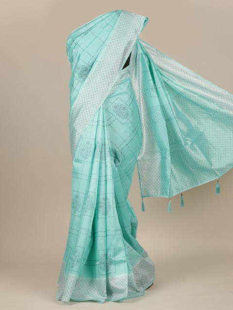 

Pothys Turquoise Blue Checked Cotton Blend Saree