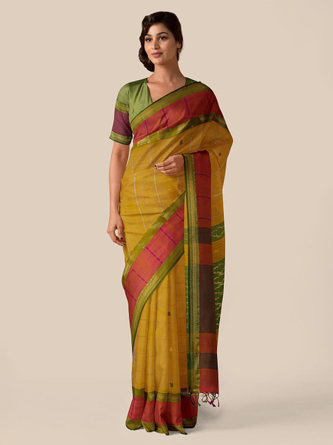 

Taneira Mustard & Green Woven Design Silk Cotton Maheshwari Saree