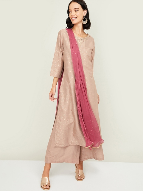 

Melange by Lifestyle Women Brown Printed Thread Work Kurta with Palazzos & With Dupatta
