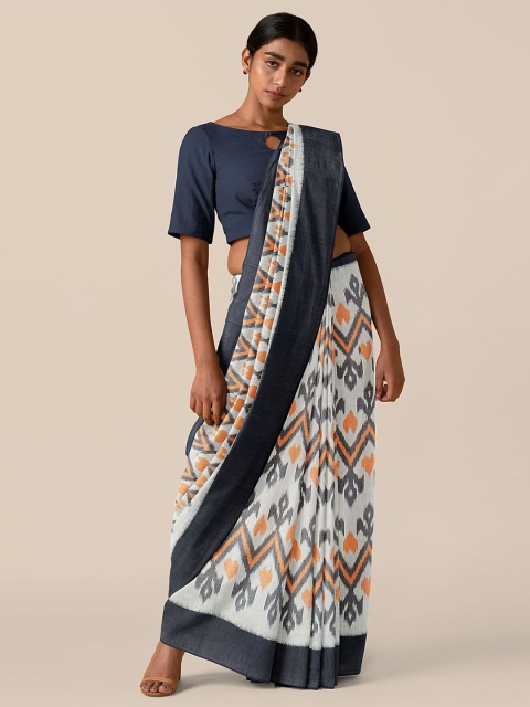 

Taneira Off White & Black Ethnic Motifs Printed Pure Cotton Pochampally Saree