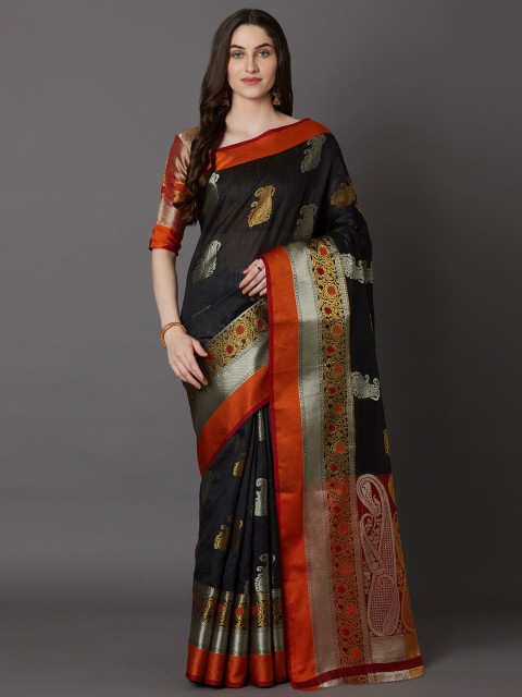 

Mitera Black & Silver-Toned Paisley Zari Silk Blend Banarasi Saree