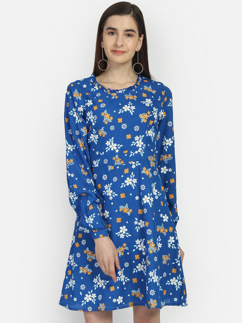 

Yaadleen Blue Floral Crepe Dress