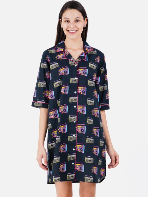 

Smugglerz Women Navy Blue & Pink Printed Comfort-Fit Pure Cotton Sleep Shirt