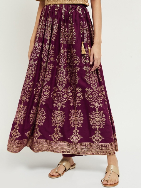 

max Women Burgundy & Gold-Coloured Ethnic Printed Maxi Skirt