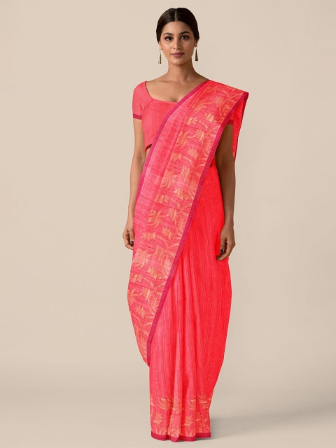 

Taneira Pink & Gold-Toned Striped Pure Silk Tussar Saree