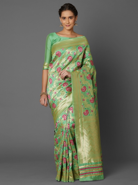 

Mitera Green & Pink Ethnic Motifs Zari Silk Blend Banarasi Saree