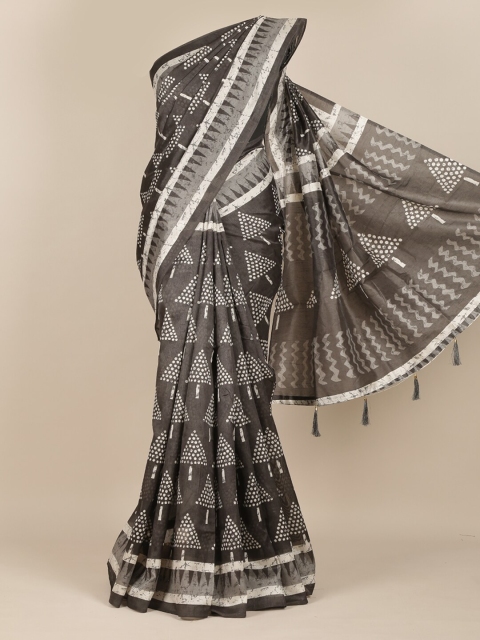 

Pothys Women Grey Printed Cotton Blend Saree With Tasseled Pallu