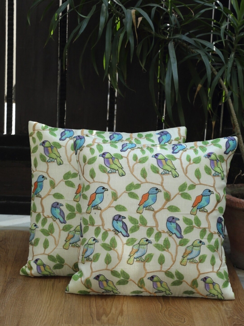 

HOSTA HOMES Cream & Green Set of 2 Embroidered Square Cushion Covers