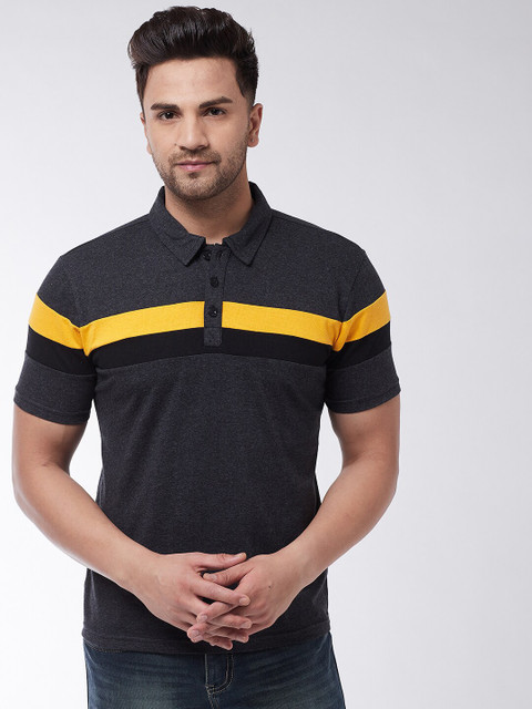 

GRITSTONES Men Black & Yellow Striped Polo Collar T-shirt