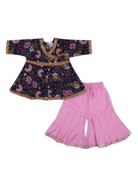 

Superminis Girls Blue & Pink Floral Printed Angrakha Pure Cotton Kurti with Sharara