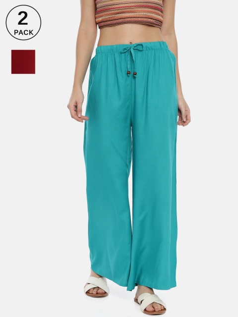 

GOLDSTROMS Women Pack Of 2 Sea Green & Maroon Knitted Palazzos