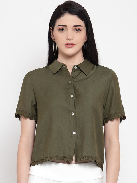 

Global Republic Women Olive Green Slim Fit Casual Cotton Shirt