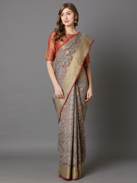 

Mitera Grey & Red Woven Design Silk Blend Kanjeevaram Saree