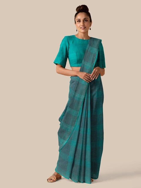 

Taneira Sea Green & Navy Blue Checked Pure Cotton Saree