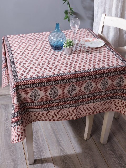 

RANGDESI Off-White & Red Bagh Hand-Block Printed Cotton 4-Seater Table Cover