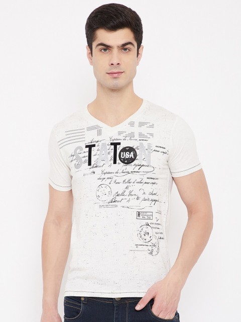 

Duke Men White Printed V-Neck Raw Edge T-shirt