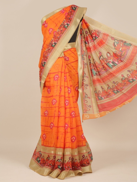 

Pothys Orange & Pink Bandhani Zari Jute Silk Saree