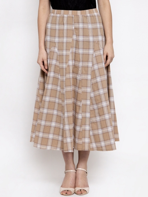 

Global Republic Women Khaki-Coloured & White Checked Straight Maxi Skirt