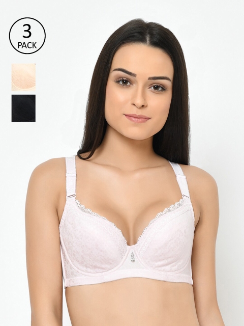 

Cosmo Lady Pack Of 3 Floral Plunge Cotton Bras Full Coverage Underwired, Black