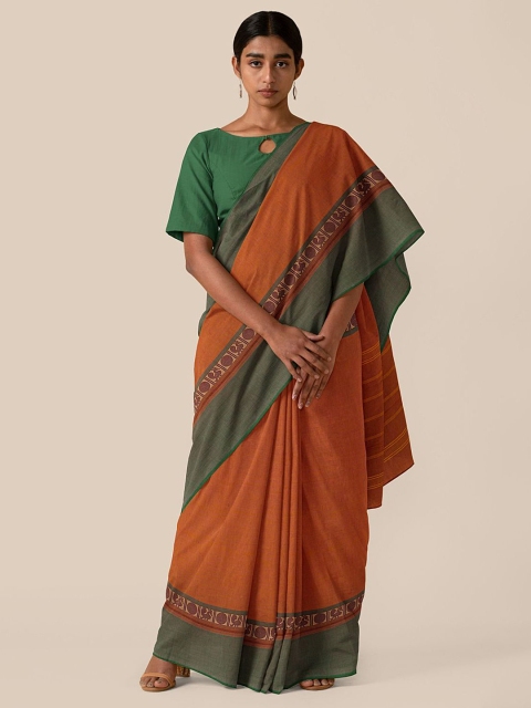 

Taneira Orange & Green Ethnic Motifs Pure Cotton Chettinad Saree